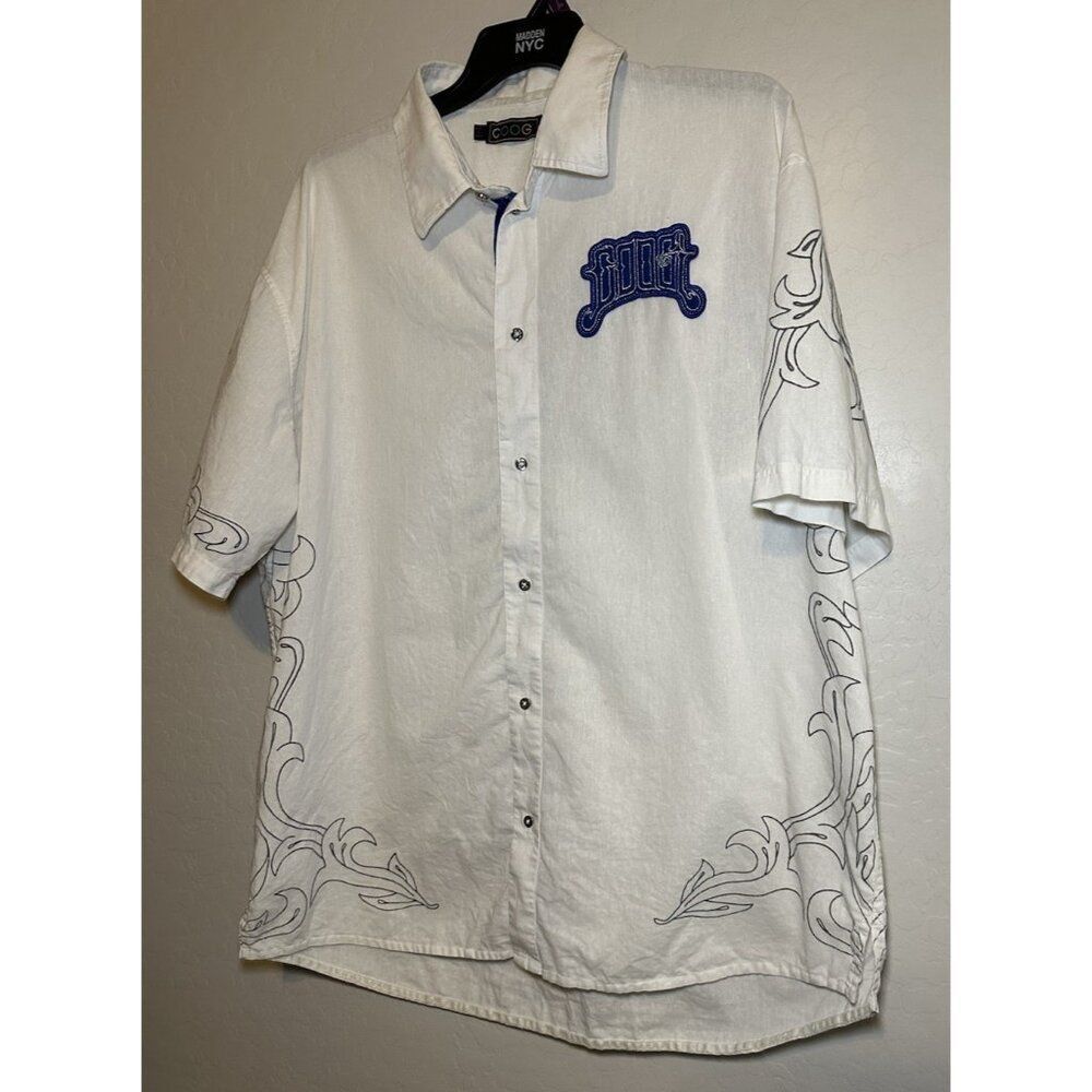 VTG COOGI Button Up Shirt 3XL Blue Embroidered Luxe Ivory Linen‎ Y2K Grunge - Picture 3 of 12